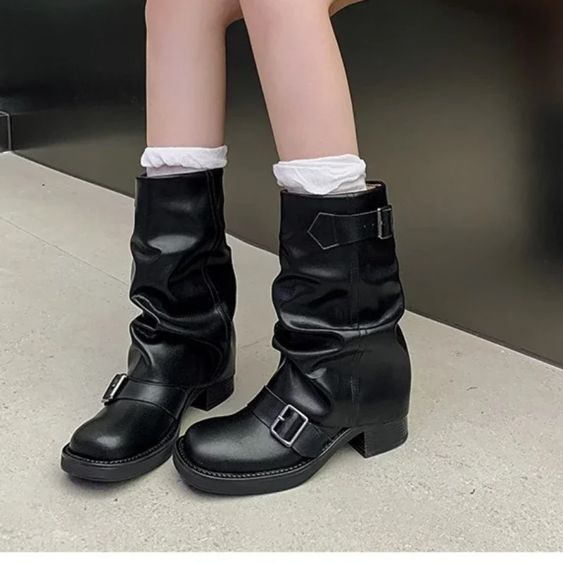 

Autumn Winter Thick High Heels Women Mid Calf Boots 2023 Hot Sale Gothic Calves Motorcycles Boots Buckle Comfy Walking Boots
