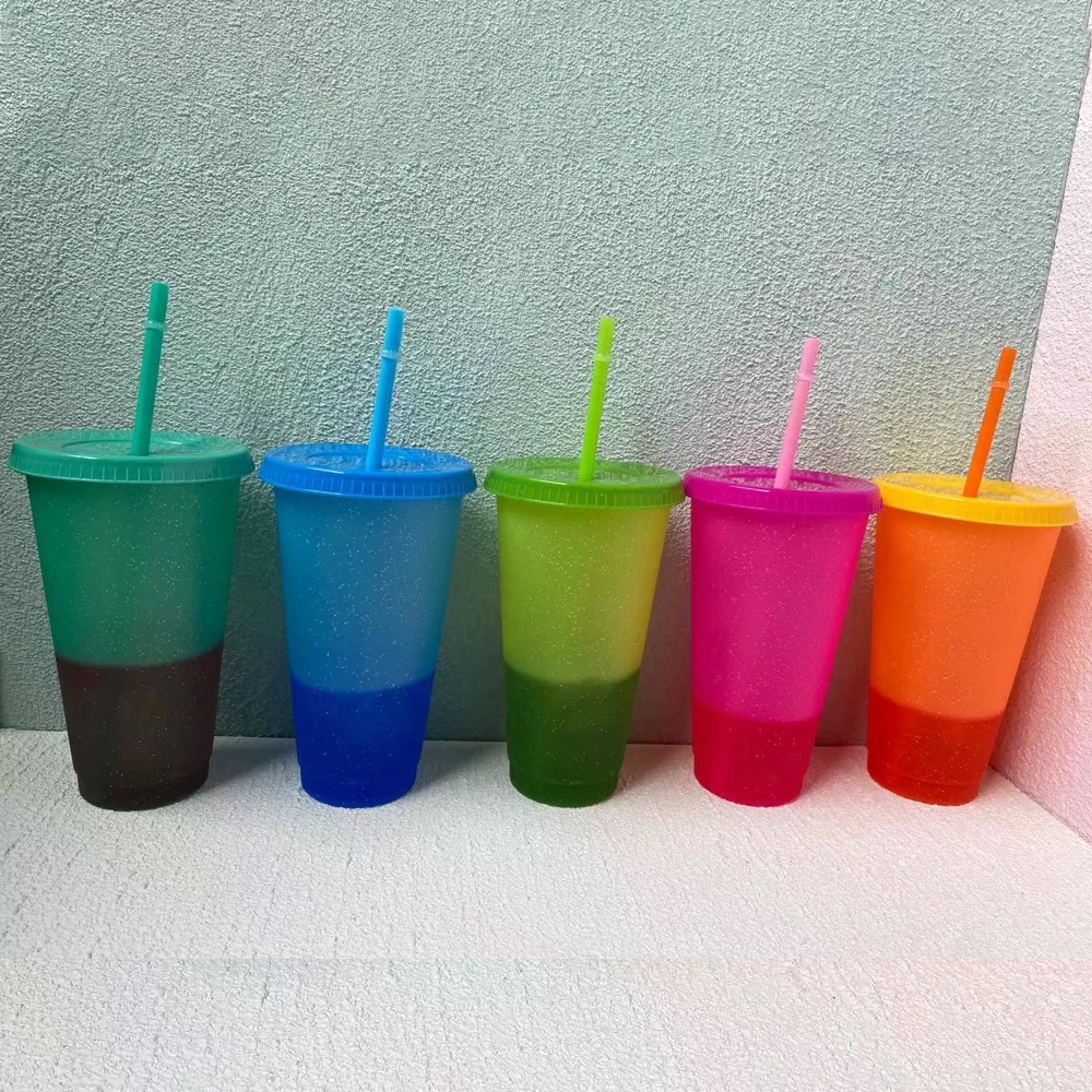 

700ml Creative Straw Cup Sequined Glitter Cup Colorful Coffee Juice Straw Mug Single Layer Temperature Sensitive Plastic Cup