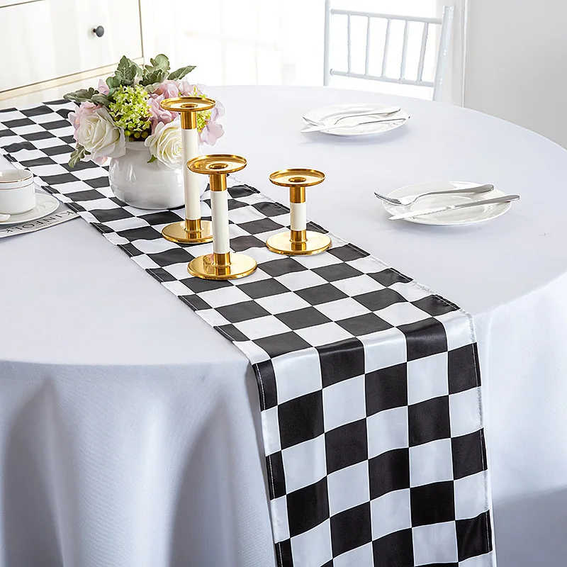 

30cm*275cm Polyester Racing Theme Party Table Decor Soccer Goal Cup Wedding Table Runners Black White Checkered Table Runner