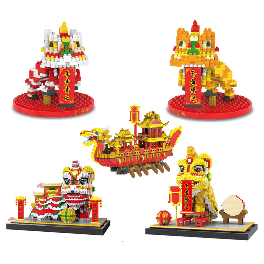 Lion Dance Micro Building Blocks Chinese Traditional Culture Dragon Boat Koi Fish Mini Brick Figure Toys For Children Gifts