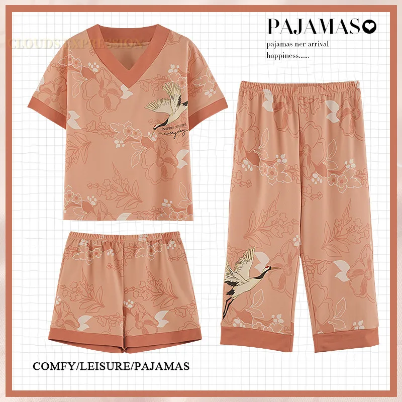 

Summer 3 Piece Sets Elegant Short Sleepwear Fair Crane Female Sleepwear Women's Pajamas Pyjamas Loose Comfort Home Pijama Mujer