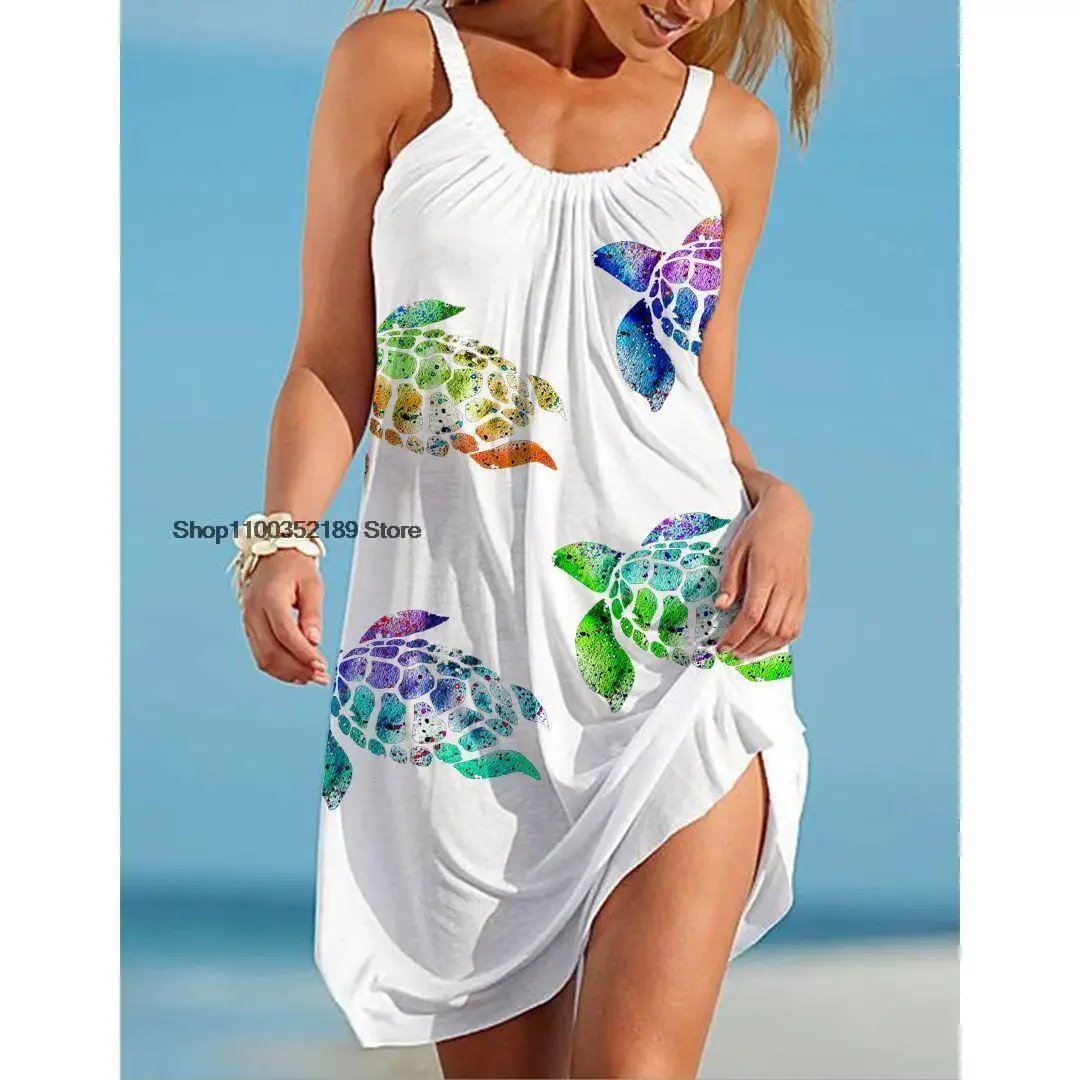 

2022 Summer Sea Turtle Animal Cartoon Tortoise 3D Print Beach Dress Fashion Women Suspender Sleeveless Skirt Sexy Sundress