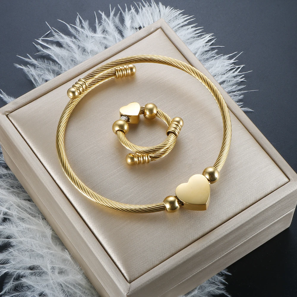 

316 Stainless Steel Gold Plated Love Heart Cable Adjustable Bracelet Bangle Ring for Women Men Waterproof Wholesale Jewelry Set