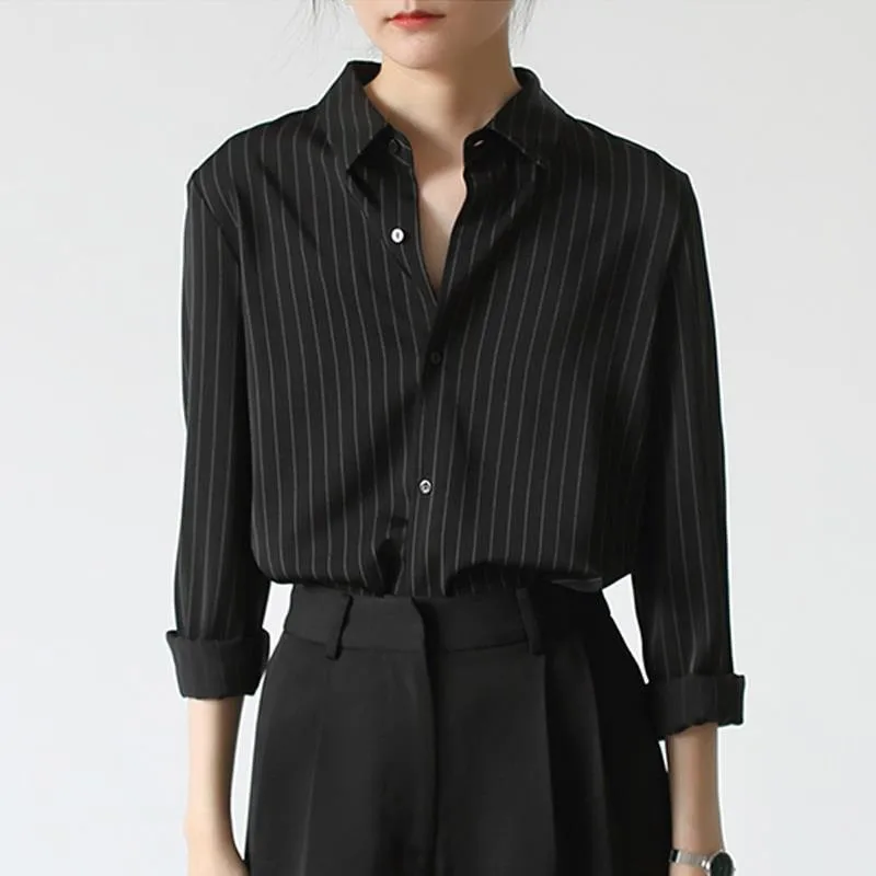 Women's Blouse Autumn Harajuku Japanese Korean Style Black White Shirt Loose Stripe Button Up Tops Casual Fashion Clothes