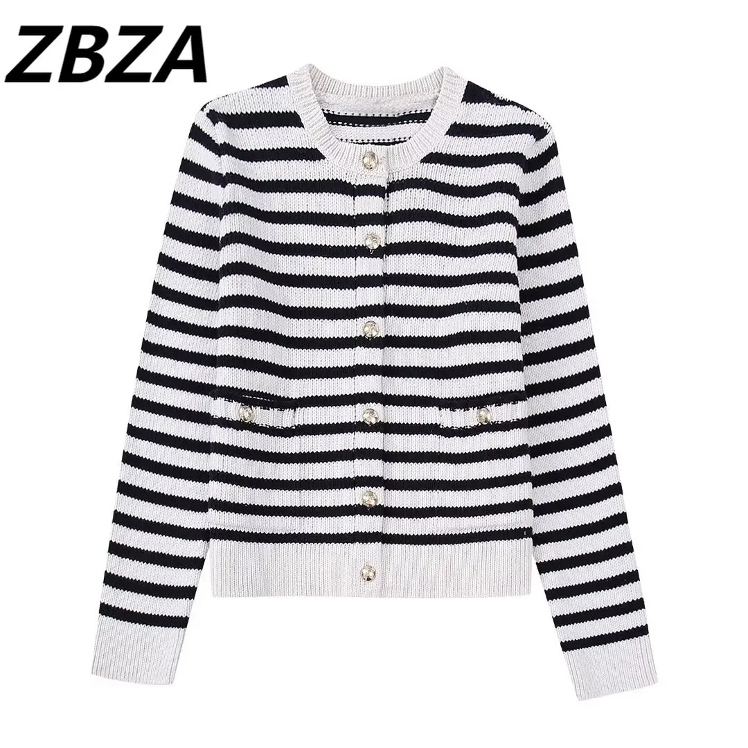 

Женское трикотажное пальто в полоску, винтажная верхняя одежда с круглым вырезом и длинным рукавом, на пуговицах, 2023