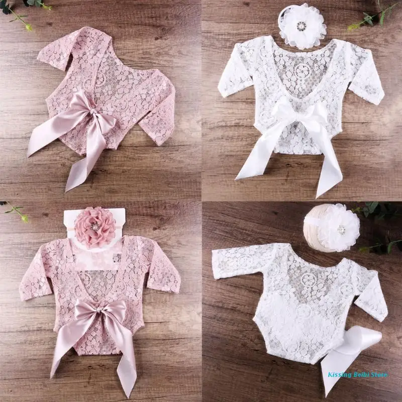 

Lace Jumpsuit Bodysuit Floral Hairband Head Wrap Turban Headwear Costume Gifts Set for Infants Photo Shooting Drop Shipping