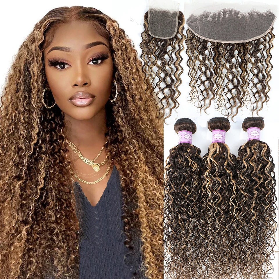 

4x4 5x5 Lace Closure And 28 30 inch P4/27 Highlight Human Hair Bundles With 13x4 Lace Frontal Kinky Curly Brazilian Remy Hair