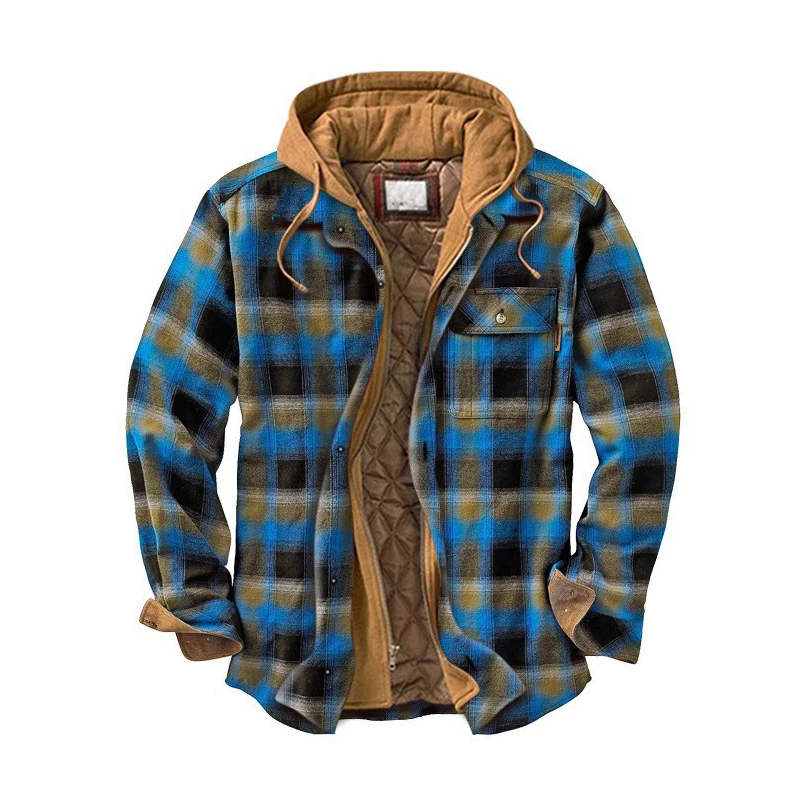 

Men's Fashion Winter Warm Plaid lining Fleece Shirt With Hood Cotton Padded Thick Bomber jacket Thermal Tops Clothing for men