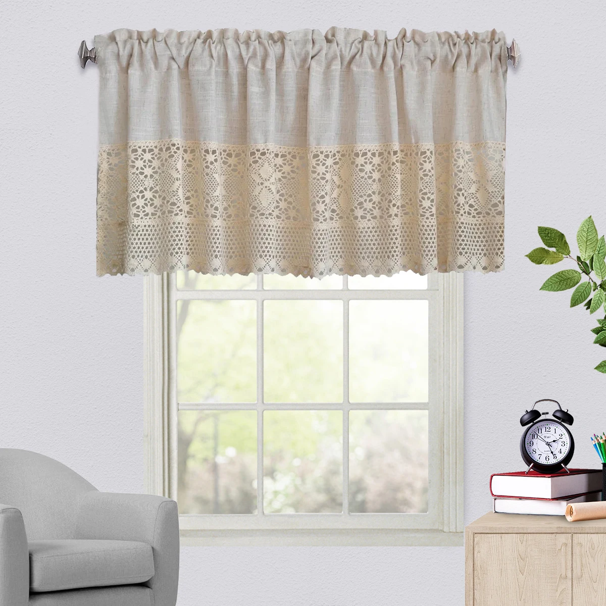 Хлопково-льняная вязаная крючком цветочная полая короткая занавеска для кухни