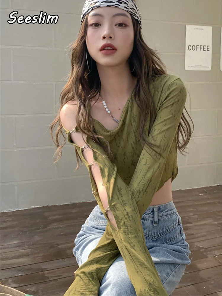 

Seeslim Irregual Vintage T-shirt Women Tie Dye Crop Tops Off Shoulder Y2k Tops Grunge Aesthetic Tshirts Korean Style Tee Tops