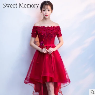 

M335 Girl Women High Low Dark Red Purple Bridesmaid Dresses With Flowers Boat Neck Lace Up Formal Gown Wedding Party Dress