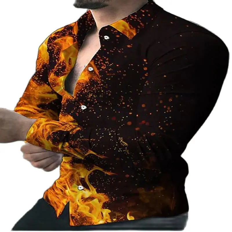 

2022 Spring and Summer Men's Shirts Fashion flame Long sleeve Shirts Turn-down Collar Buttoned Shirt Casual Digital Printing To