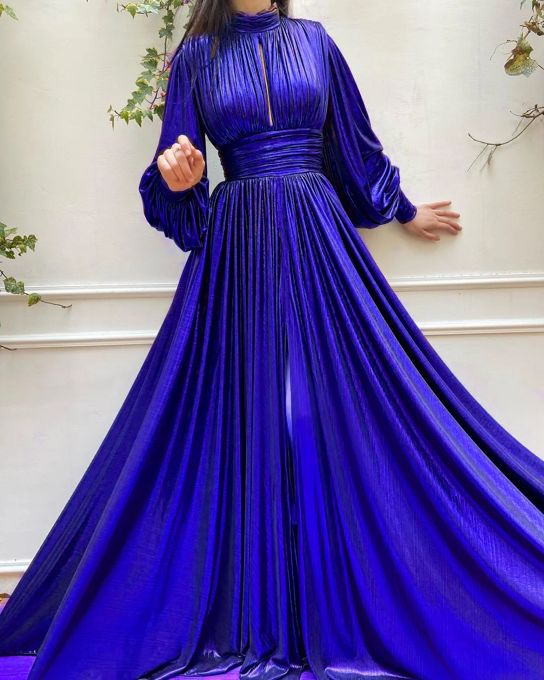 Elegant Prom Dresses for Women A-line Solid Fashion Waist High Neck Swing Long Sleeve Vestidos Evening Party Maxi Dress Female