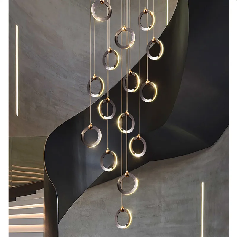 

Modern Luxury Plated Pearl Black Steel Led Pendant Lights Stairs Round Dimmable Pendant Lamp Suspend Chandelier Lighting Lamp