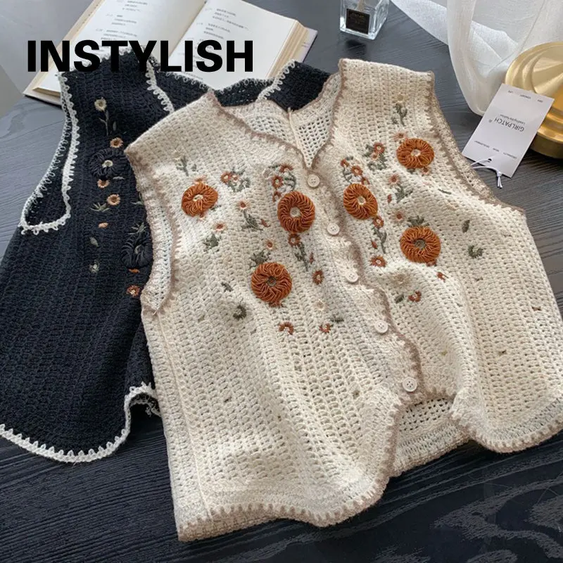 

Женская Винтажная Майка на пуговицах с цветочной вышивкой и крючком в стиле Харадзюку, Трикотажный жилет с V-образным вырезом, милый Повседневный Топ в Корейском стиле, 2023