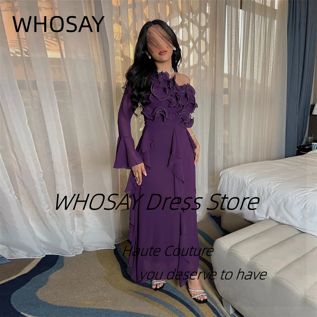 WHOSAY Индивидуальные оборки на одно плечо Vestidos Пром платья с длинными рукавами