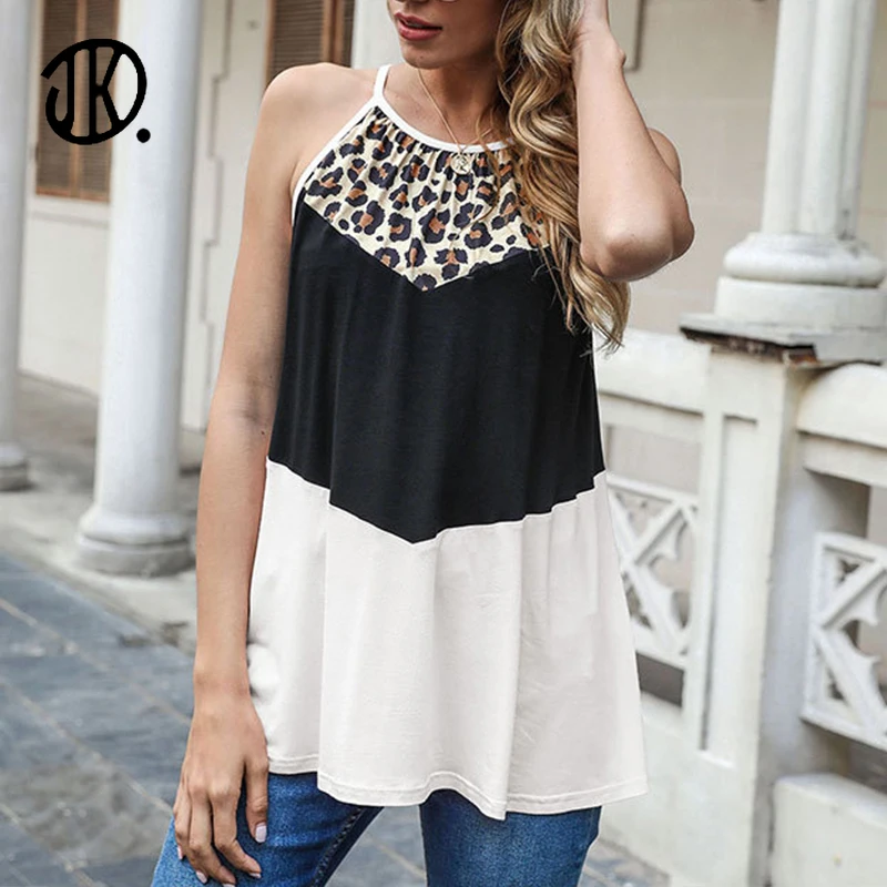 

Ladies Stitching Vest Fashion Sleeveless Suspenders Leopard Print Round Neck Top Women Summer Loose Comfort T-shirts Femme Tanks