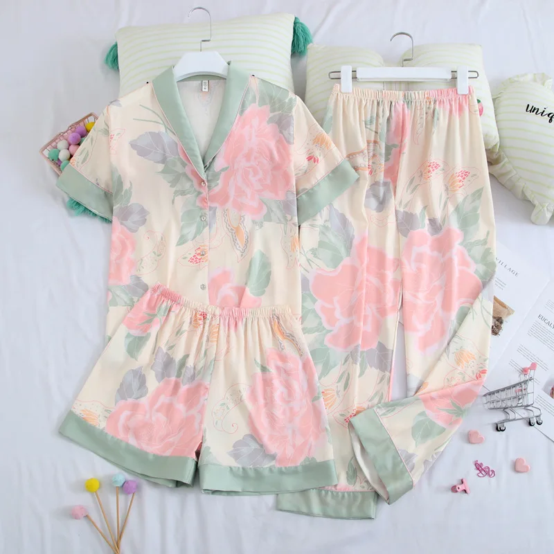 

3Pcs Women Pajamas Set Lapel Printing Sleep Set Summer Ice Silk Nightwear Home Clothes Three-Piece Set Casual Sleepwear
