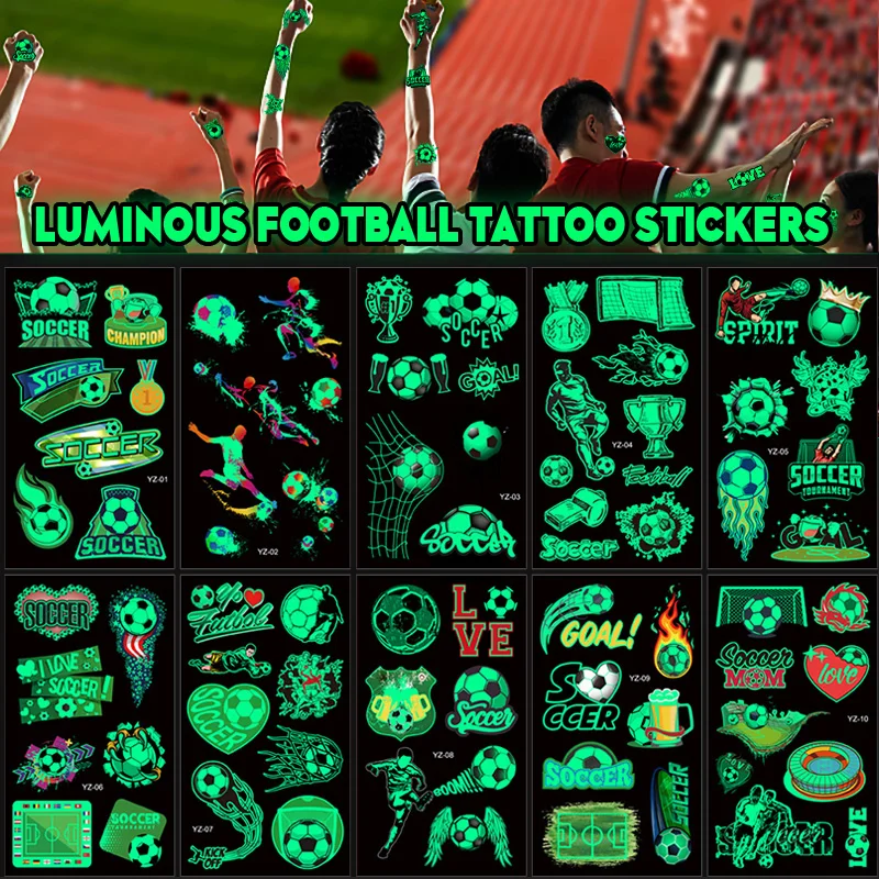 

10pcs Luminous Football Tattoo Sticker Children Cartoon Soccer Waterproof Temporary Tattoos Glowing Kids Face Arm Leg Art Tattoo