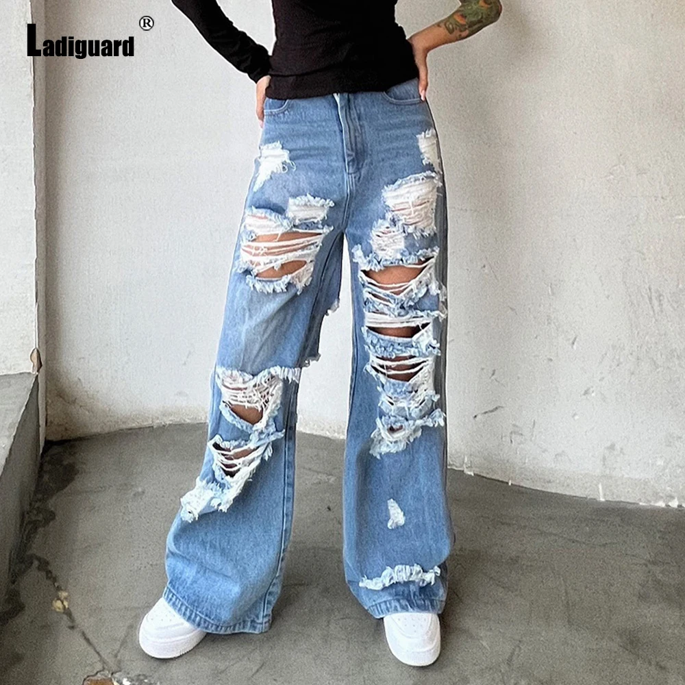 Ladiguard Sexy Hole Ripped Pants Girls Streetwear Straight Leg Jeans High Cut Trouser Women Fashion Splice Pants Harajuku 2022