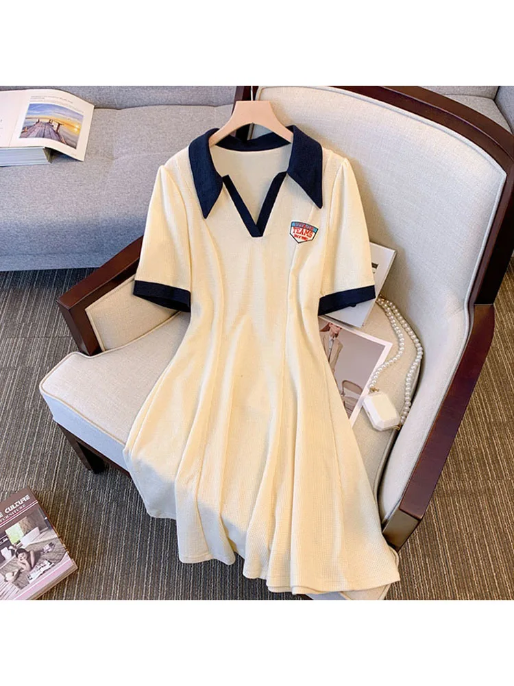 

Женское свободное платье с отложным воротником, ТРАПЕЦИЕВИДНОЕ ПЛАТЬЕ с короткими рукавами, классическое ретро платье в стиле преппи, лето 2023, длинная футболка-поло, милое платье