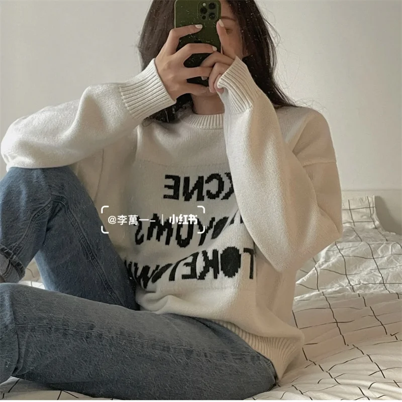 

Acne Studios Autumn And Winter Retro Letter White Sweater Fashion Men And Women's Jacquard Couple Knitwear Pullover Women