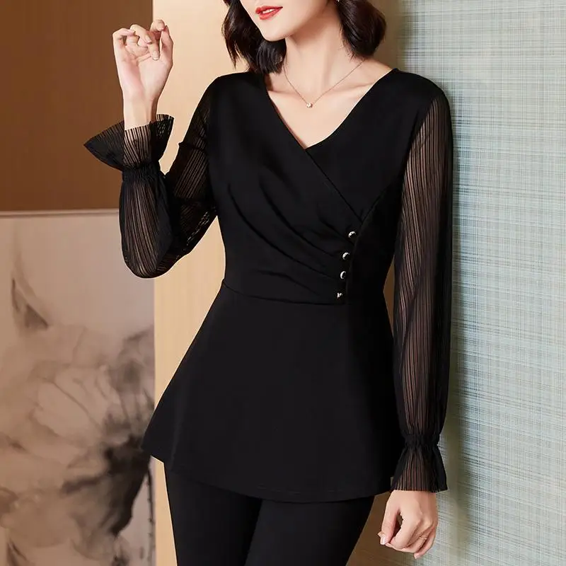 

Женская ажурная Блузка с V-образным вырезом, черная шифоновая блузка с длинным рукавом, элегантная Однотонная рубашка в Корейском стиле, весна-лето 2023