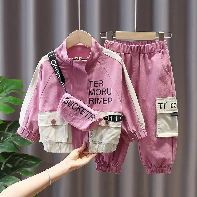 Contrast Toddler and Baby Girls Coat+Pant Sets with Backpack Full Zip Children Outerwear Kids Outfits Spring Autumn 1-10 Years