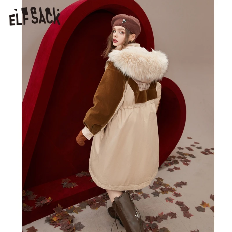 ELFSACK Spliced Down Coats Women 2022 Winter Warm Mid-length Outwears