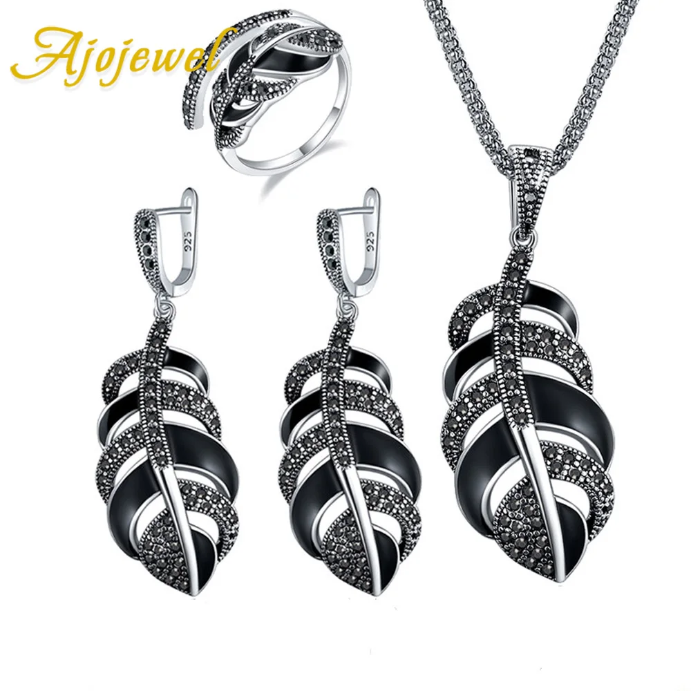 

Ajojewel Luxury Designer Jewelry Set For Women Vintage Enamel Feather Earrings Necklace Ring Black Rhinestone Retro Items