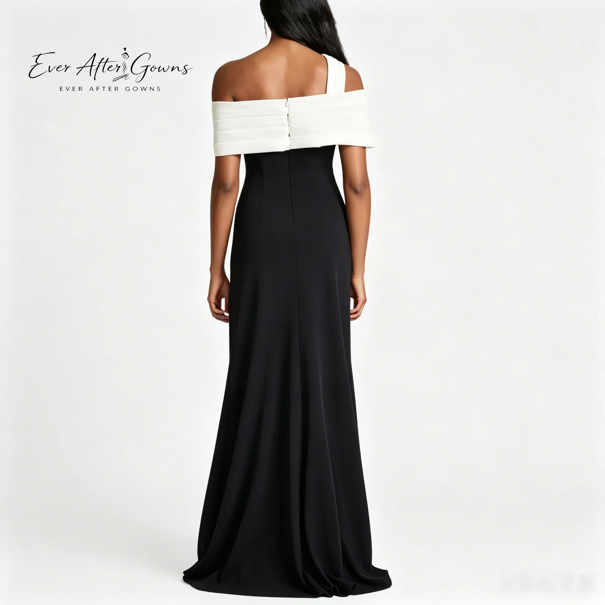 Фото Вечернее платье Ever After Gowns: черно-белое, с одним открытым плечом, макси, с драпировкой на талии, высоким разрезом, для торжественных мероприятий и свадеб №2