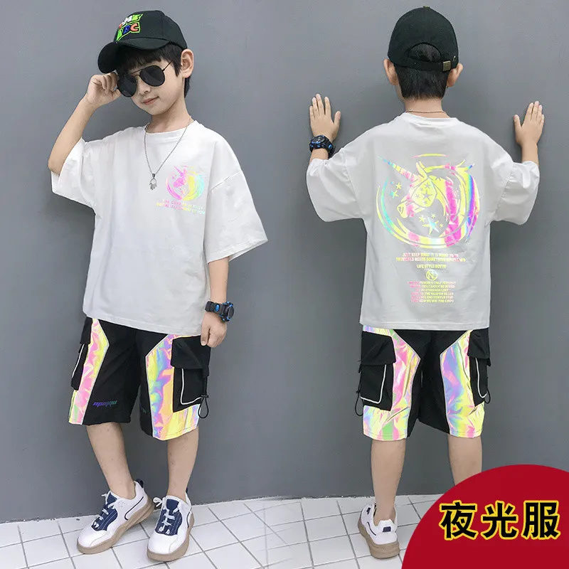 

Boy Short Sleeve T Shirt + Shorts Sport 2PC Sets Summer Children's Clothing Black White Blue Color Teenage Kids Outfits 4-14Y