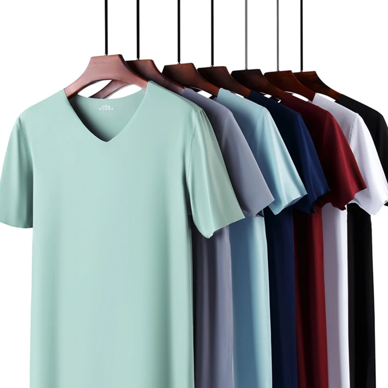Men Summer Ice Silk Shirt Short Sleeves Seamless V Neck Top Solid Color Thin Breathable Bottoming Shirt Pullover Sweatshirt