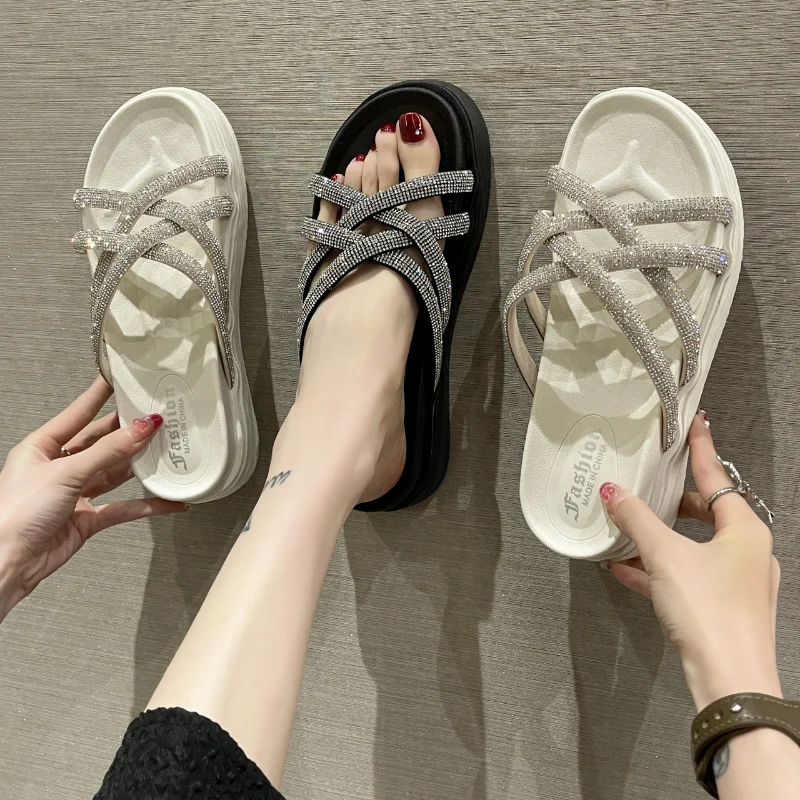 

BCEBYL Spring and Summer New Fashion Flat Bottom Round Head Rhinestone Shallow Mouth Casual Beach Slippers Womens Shoes