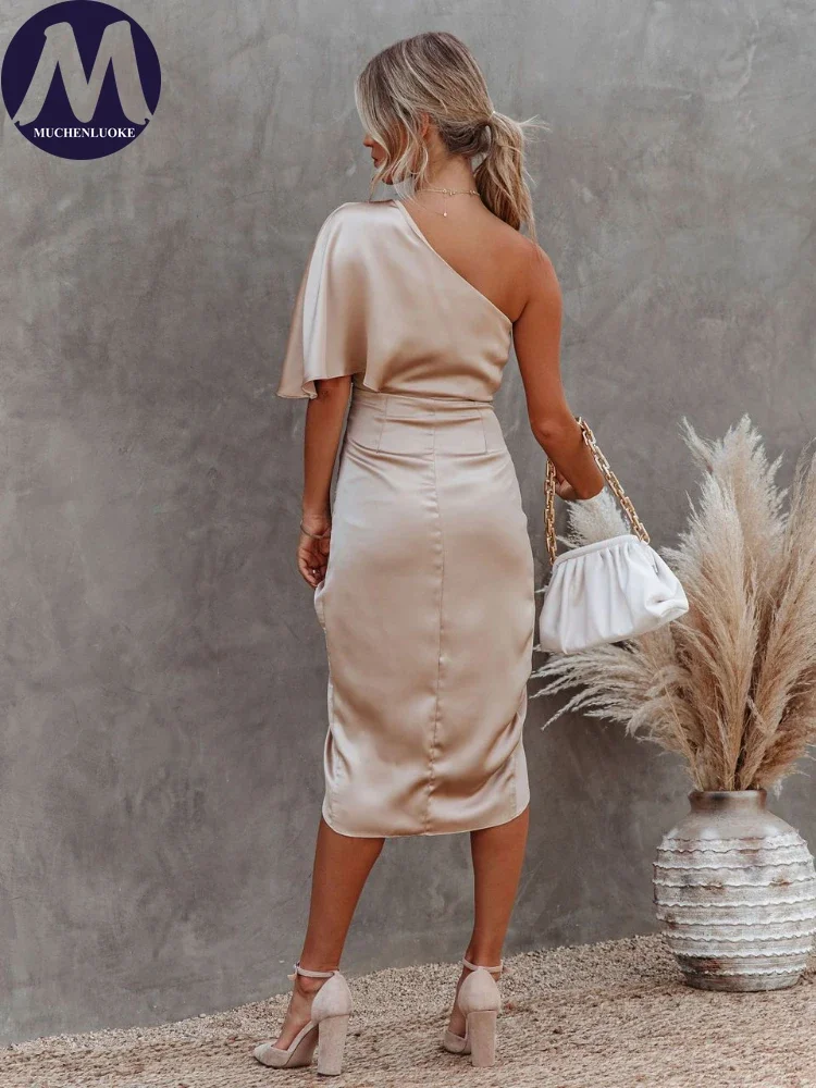 elegancka damska sukienka z ukośnym kołnierzem Slim Fit trąbka syrenka sylwetka seksowny styl klubowy włókno akrylowe długość...