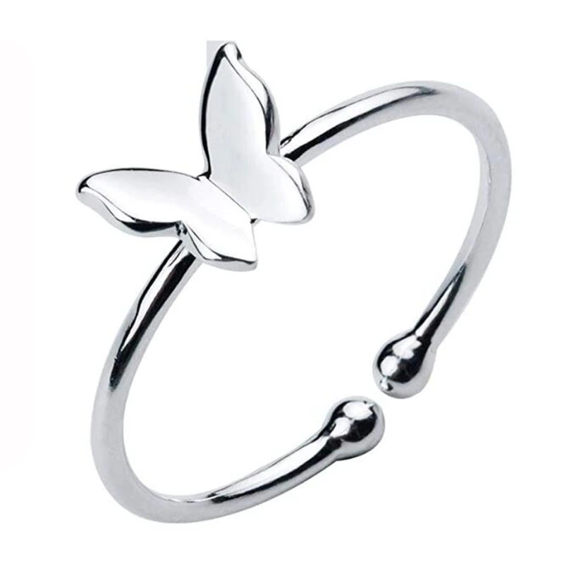

S925 Ring Sterling Silver Butterfly Ring Simple Women's Adjustable Opening Tail Ring Forest Sweet And Glossy Simple