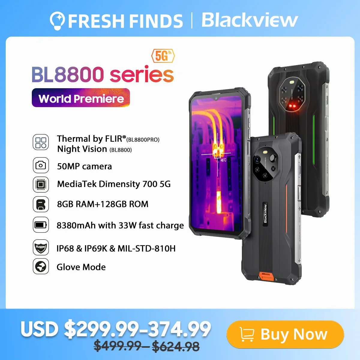 Blackview BL8800 Night Vision & BL8800 Pro 5G Rugged Phone Thermal Imaging Camera FLIR® Smartphone 6.58 8GB+128GB Cell Phone