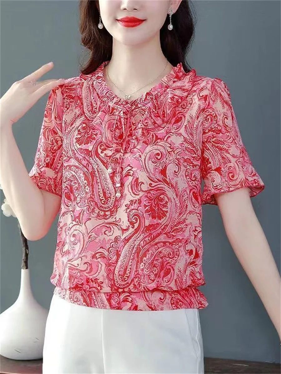 

Woman Summer Style Blouses Shirts Lady Casual Short Flare Sleeve Peter Pan Collar Flower Printed Blusas Tops ZZ1505