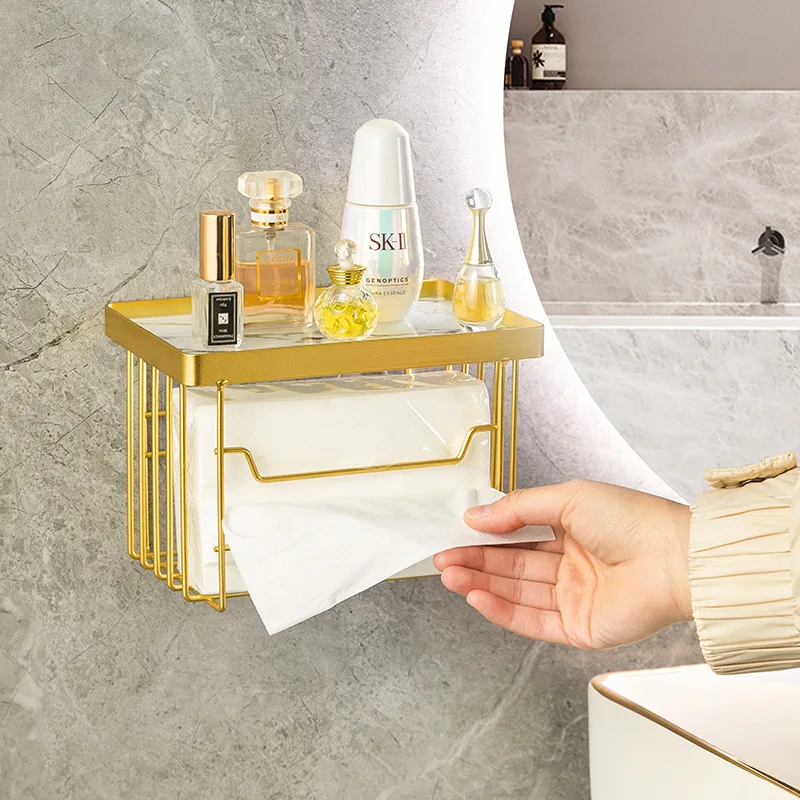 

2 IN 1 Metal Luxury Wall Mounted Washstand Shelf No-drill Tissue Storage Rack Holder Toilet Organizer Bathroom Accessories