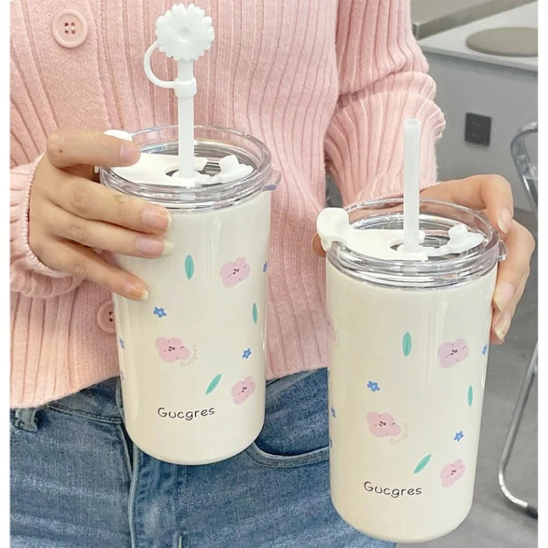 

316 Stainless Steel Thermos Bottle For Girls Double Layer Thermal Coffee Cup With Straw Cherry Blossom Drinking Cup Travel Mugs