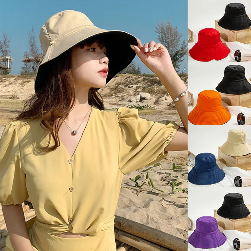 

Fashion Big Brim Cap Sun Hat Basin Cap For Women Girls Double-Sided Fisherman Hat Solid Color Summer Outdoor Travel Accessories