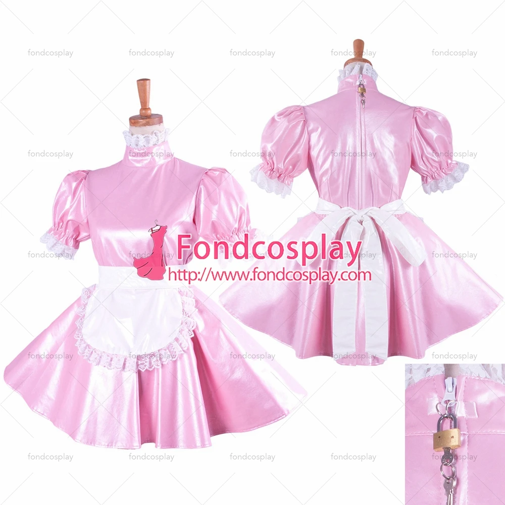 

adult sexy cross dressing sissy maid short lockable Faux leather baby pink dress Tailor-made[G1424]