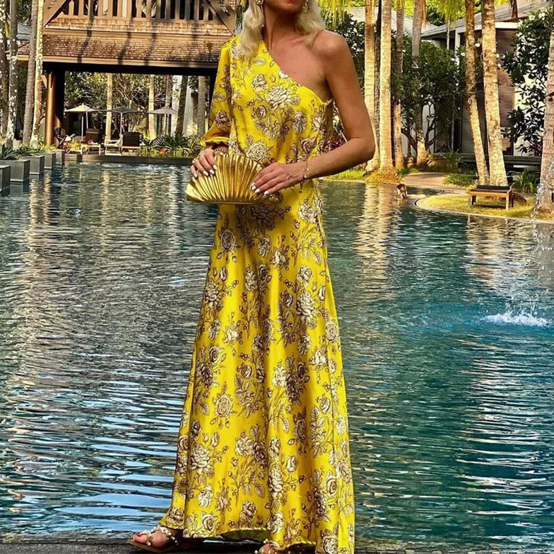 

Lady Sexy Long Sleeve Off Shoulder Sundress Commute Pleated Women Waisted Party Dress Summer Boho Graphic Print Maxi Dresses