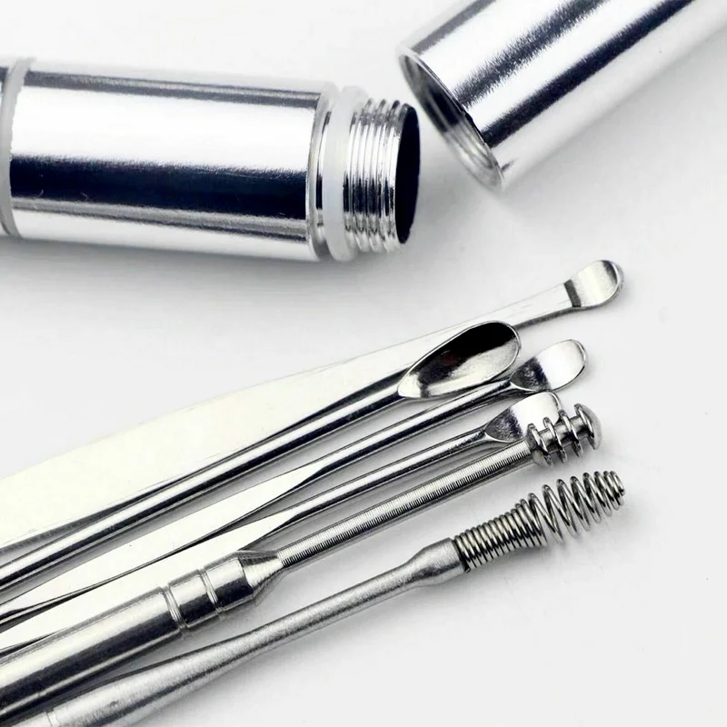 

6Pcs Stainless Steel Scoop Spring Ear Cleaning Tool Kit Cylindrical Stainless Steel Packaging