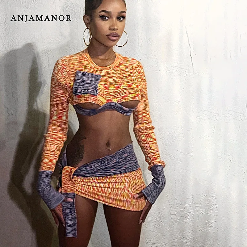 

ANJAMANOR Colorblock Print Long Sleeve Two Piece Skirt Sets Womens Fall Clothing 2023 Street Style New In Matching Sets D96-CD23