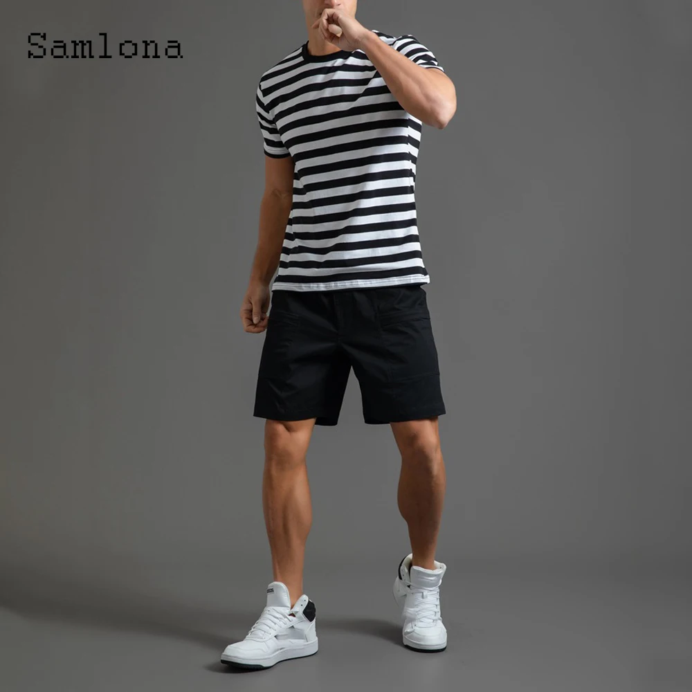 Samlona Plus Size Men Fashion Zipper Pocket Shorts 2022 European Style Casual Beach Short Pants Black Khaki Skinny Half Pants