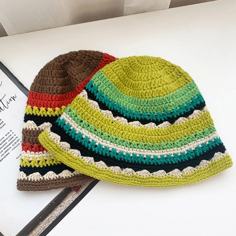

Summer Fisherman Hat for Woman Weaving Bucket Hat Crochet Color Matching Cap