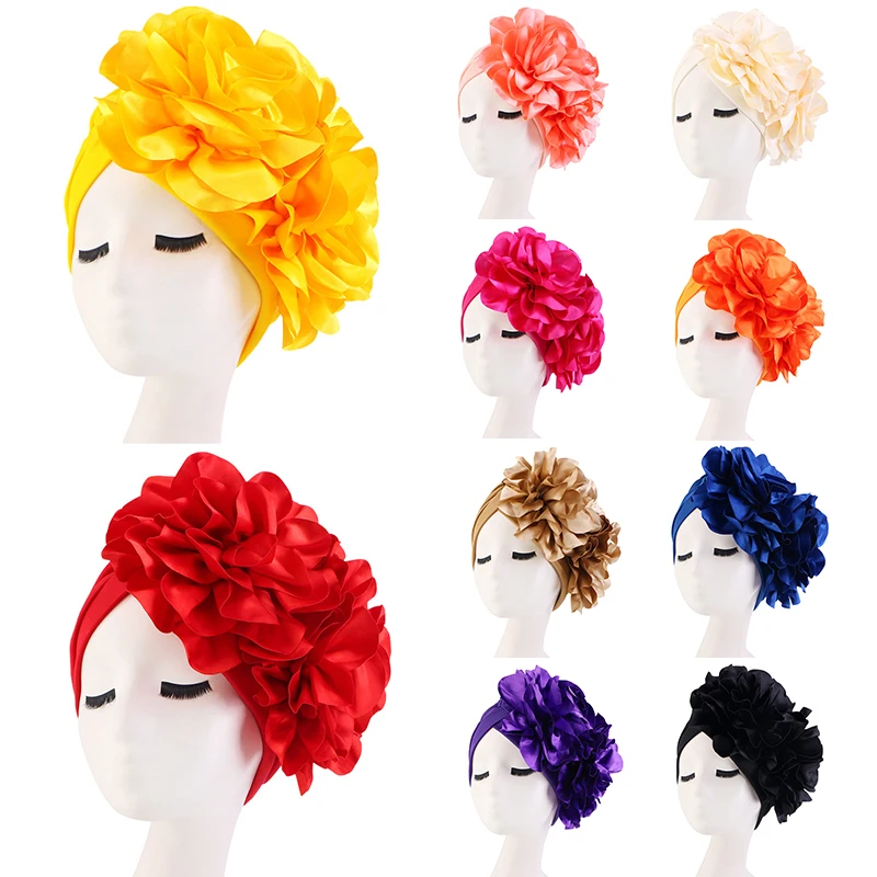 

Fashion Turban Caps for Women Big Flower Female Head Wraps Muslim Headscarf Bonnet African Headtie India Hat Headwear