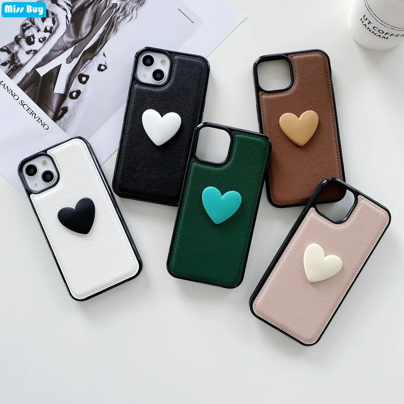 

3D Love heart Litchi Skin Leather Phone Case for iPhone 13 12 11 Pro MAX Xs Max Xr X 8 7 Plus SE Capa Shockproof Soft Back Cover