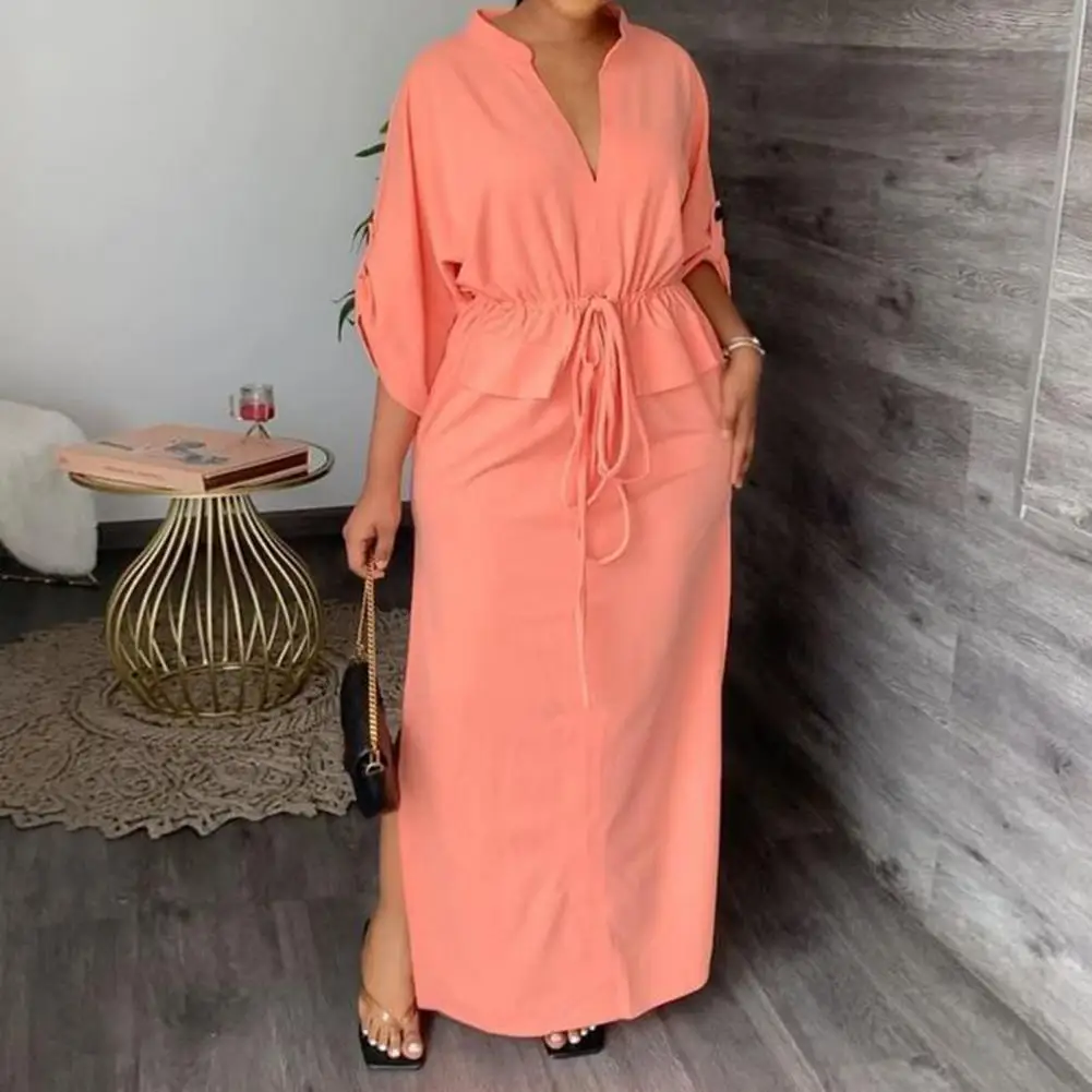 

Ladies Spring Summer Dress Stand-up Women A-line Fashion Dress Lace-up Waist Solid Color Dress Women Streetwear